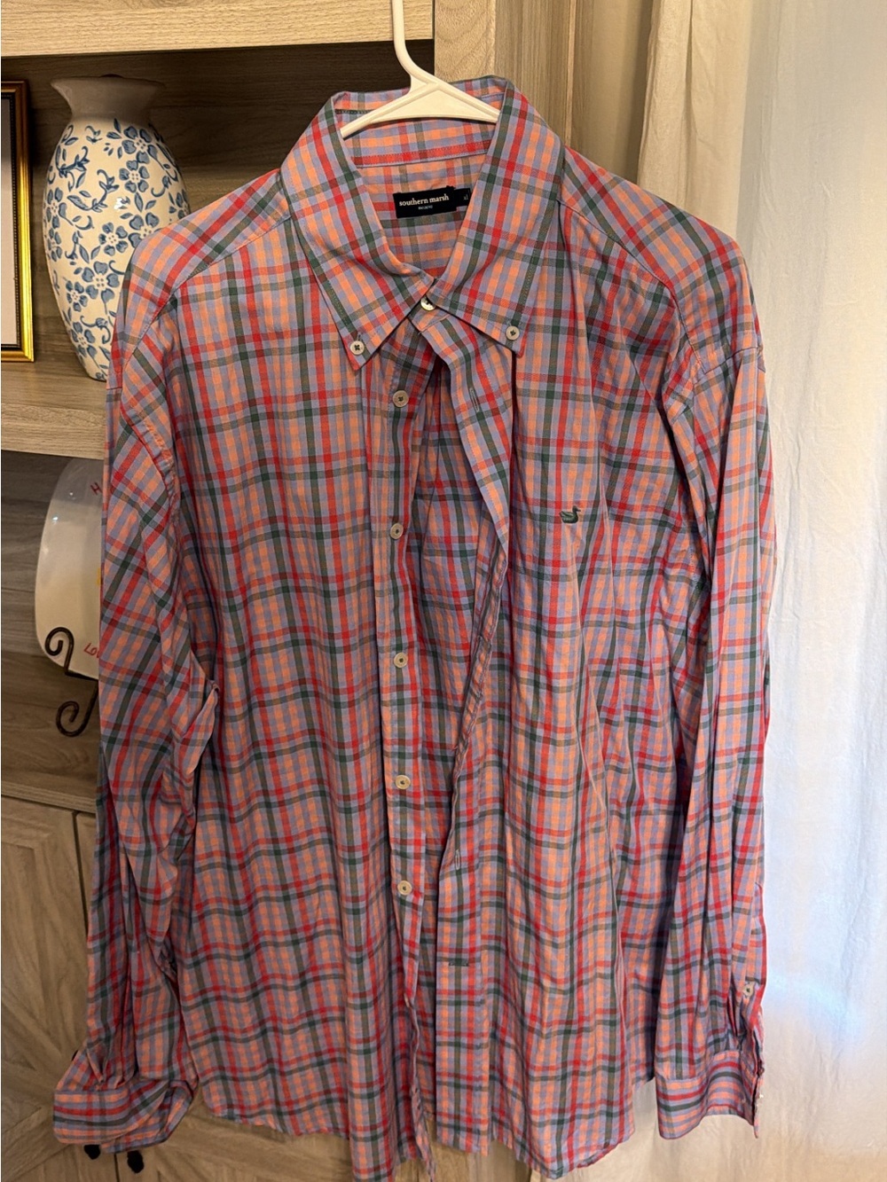 Southern Marsh Coral and Blue Plaid Button-Down Shirt